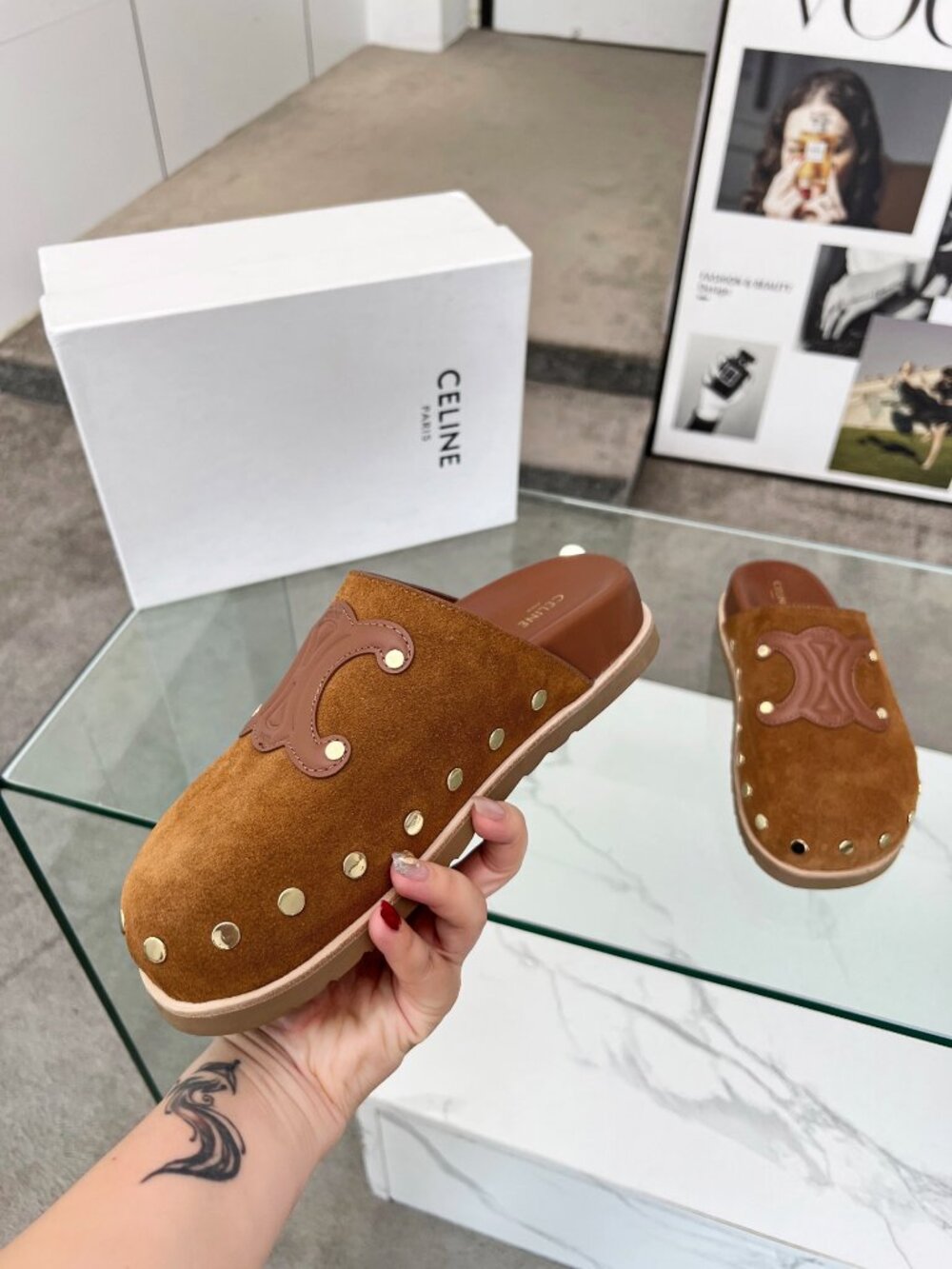 CELINE Calfskin Leather Triomphe Embossed Mules Slides Slippers - Picture 7 of 8